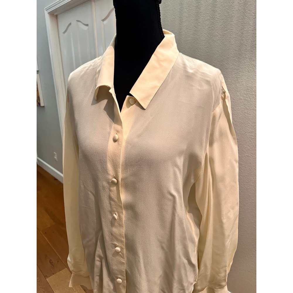 Carole Little Silk Blouse Womens 12 Cream Excellent Vintage 90s Sheer Shirt Top